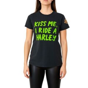 Harley Davidson Kiss Me I Ride a Harley black green crew neck t shirt 2XL